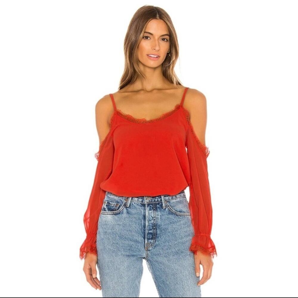 Lovers + Friends Red Lace Cold Shoulder Top NWT Chiffon Small